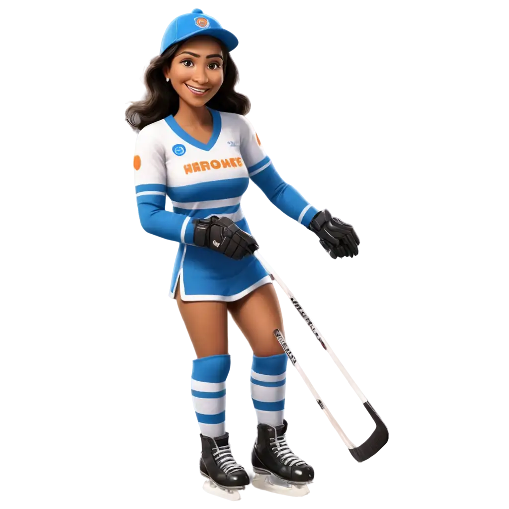 Caricature of an Indian woman in an ice hockey uniform wearing skates holding a hockey stick and smiling