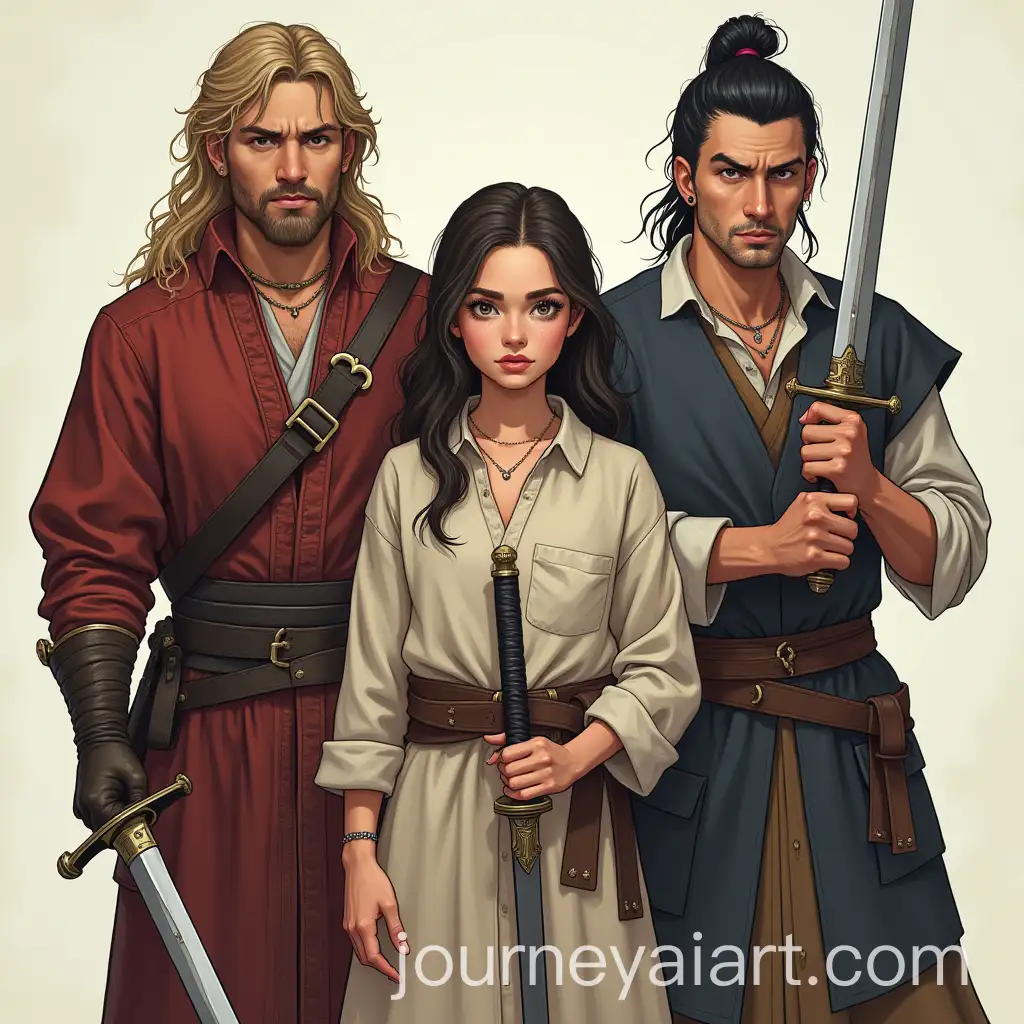 Three-People-with-Swords-Girl-and-Two-Men-in-Dynamic-Stance