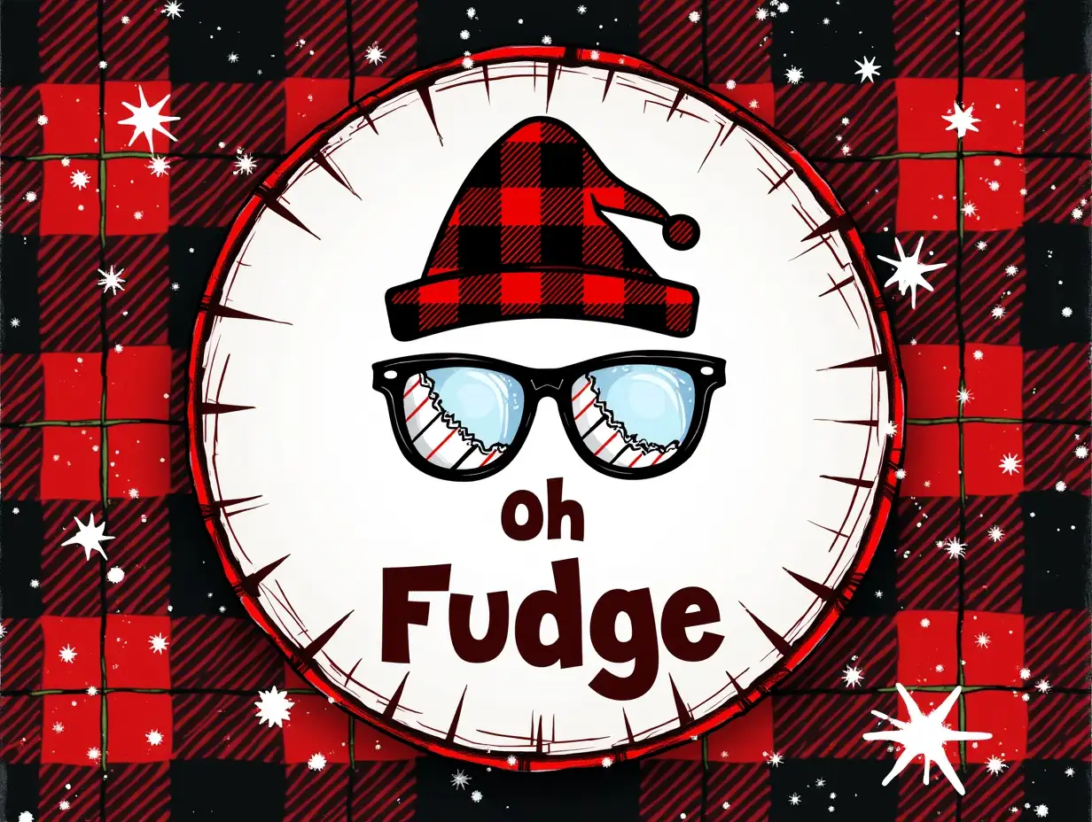 Vector illustration, Art style: stained glass, seamless design. Create a festive Christmas card featuring a pair of broken glasses and a plaid hat in the center of a white circle. The background should be a red and black plaid pattern, with paint splatters surrounding the circle. The text 'Oh Fudge' should be written in bold, playful lettering below the image.