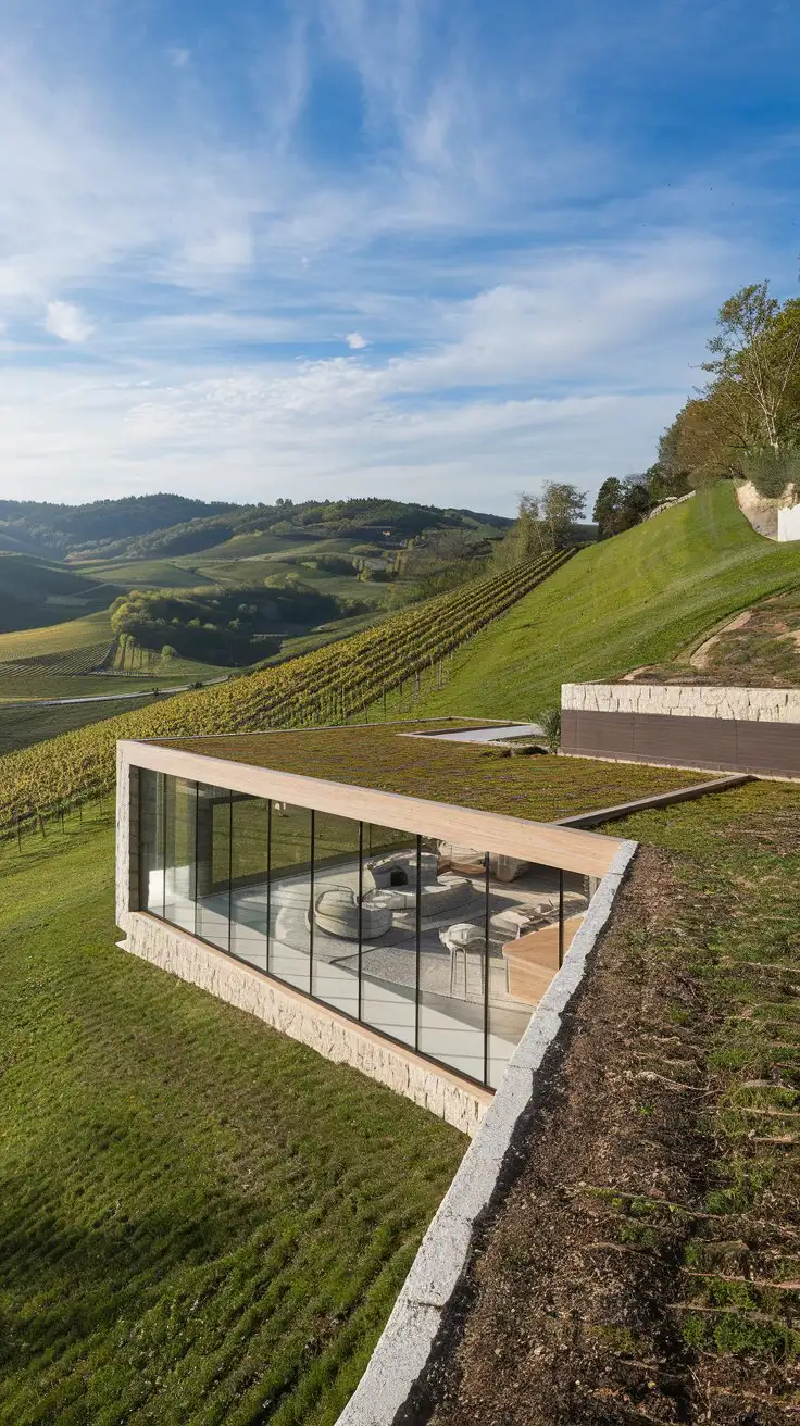 Wide, panoramic shot of a luxurious, modern underground home seamlessly integrated into a rolling green hillside. Large glass facade facing a valley with vineyards. Minimalist design, natural stone and wood accents, green roof blending with the landscape. Abundant natural light streaming into the interior. Ultra-high resolution, photorealistic, architectural photography, sunny day, blue sky