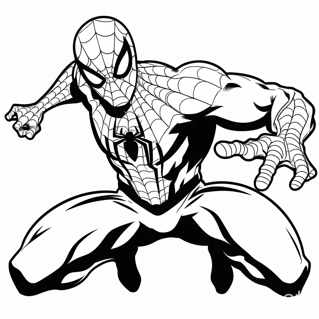 spider man COLORING PAGE, Coloring Page, black and white, line art, white background, Simplicity, Ample White Space. The background of the coloring page is plain white to make it easy for young children to color within the lines. The outlines of all the subjects are easy to distinguish, making it simple for kids to color without too much difficulty
