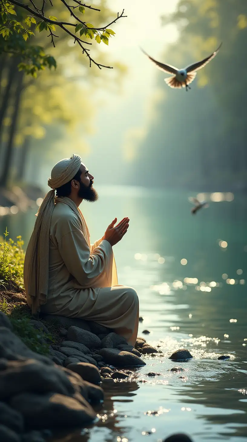 Prophet Luqman in Prayer by a Serene Riverbank