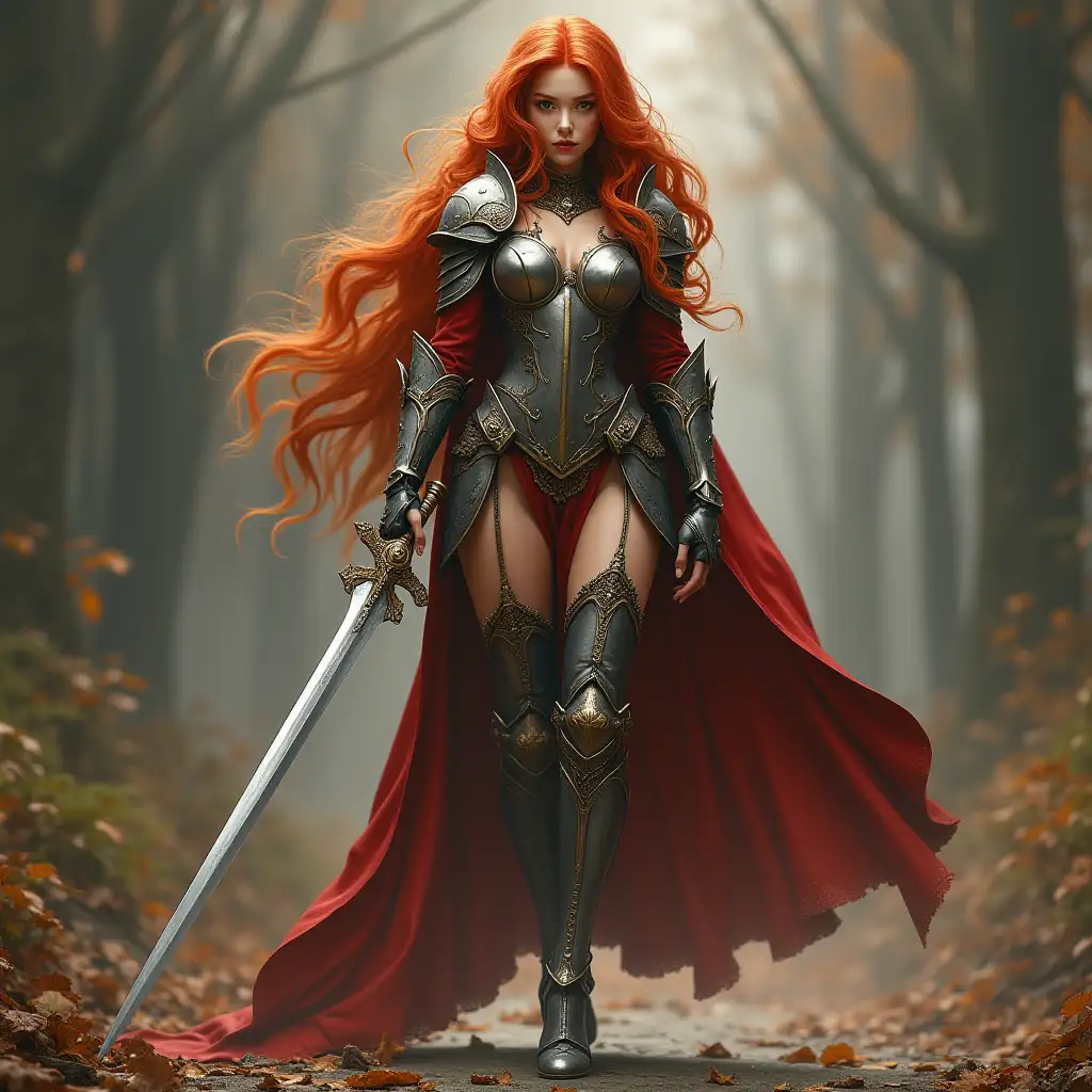 a female red haired warrior with plated armor, stiletto high heels, fairy fantasy style