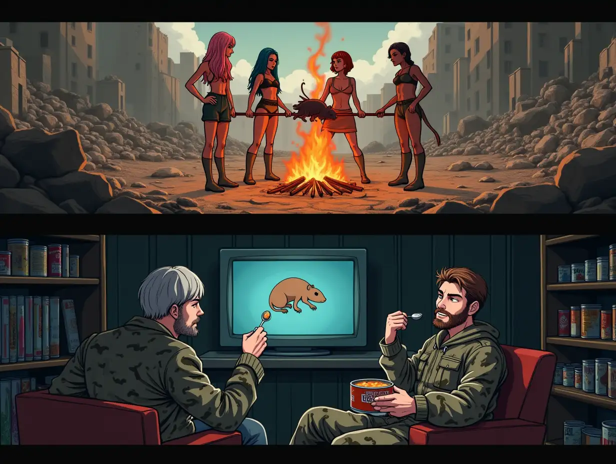 A picture is divided into two horizontal parts. At the top, on the ground among ruins, a group of three glamorous women in rags is roasting a rat on a spit. At the bottom, from a bunker, a bearded man in camouflage sits on a couch, observing this scene with interest on the monitor screen, eating stew from a can with a spoon. Along the wall shelves with rows of canned goods. Anime style.