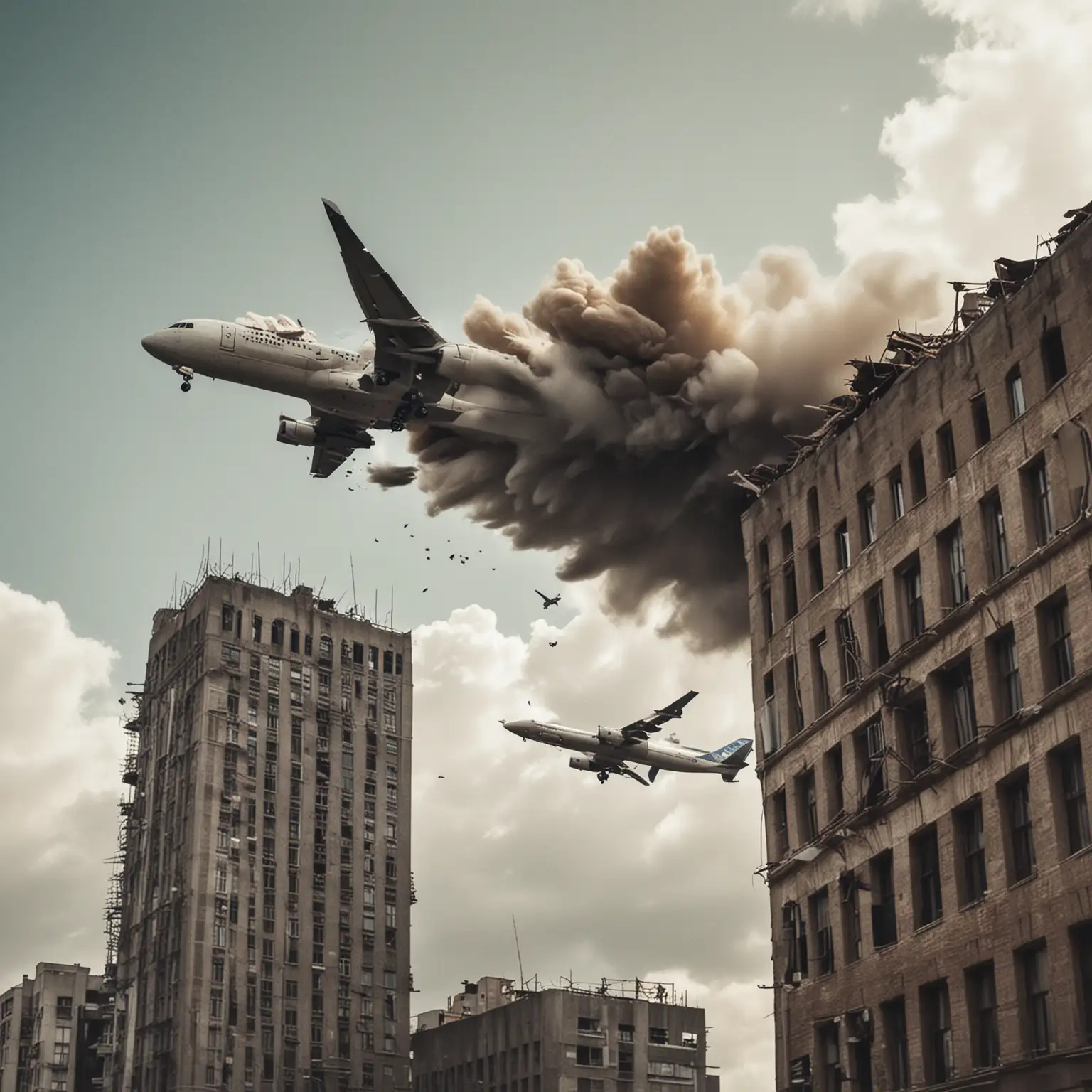 Un avion aproximandose a un edificio a punto de colapsar
