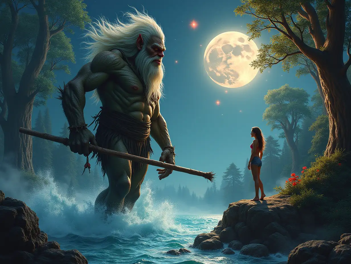 Hyperrealistic portrait of a troll 15 meters high with a wooden club and bow in the sea before a 2 meter tall pretty woman with large waves on a rock with giant plants, on a beautifully detailed, colorful forested planet with giant trees with glowing moon stars and red cloud stars in the nude background