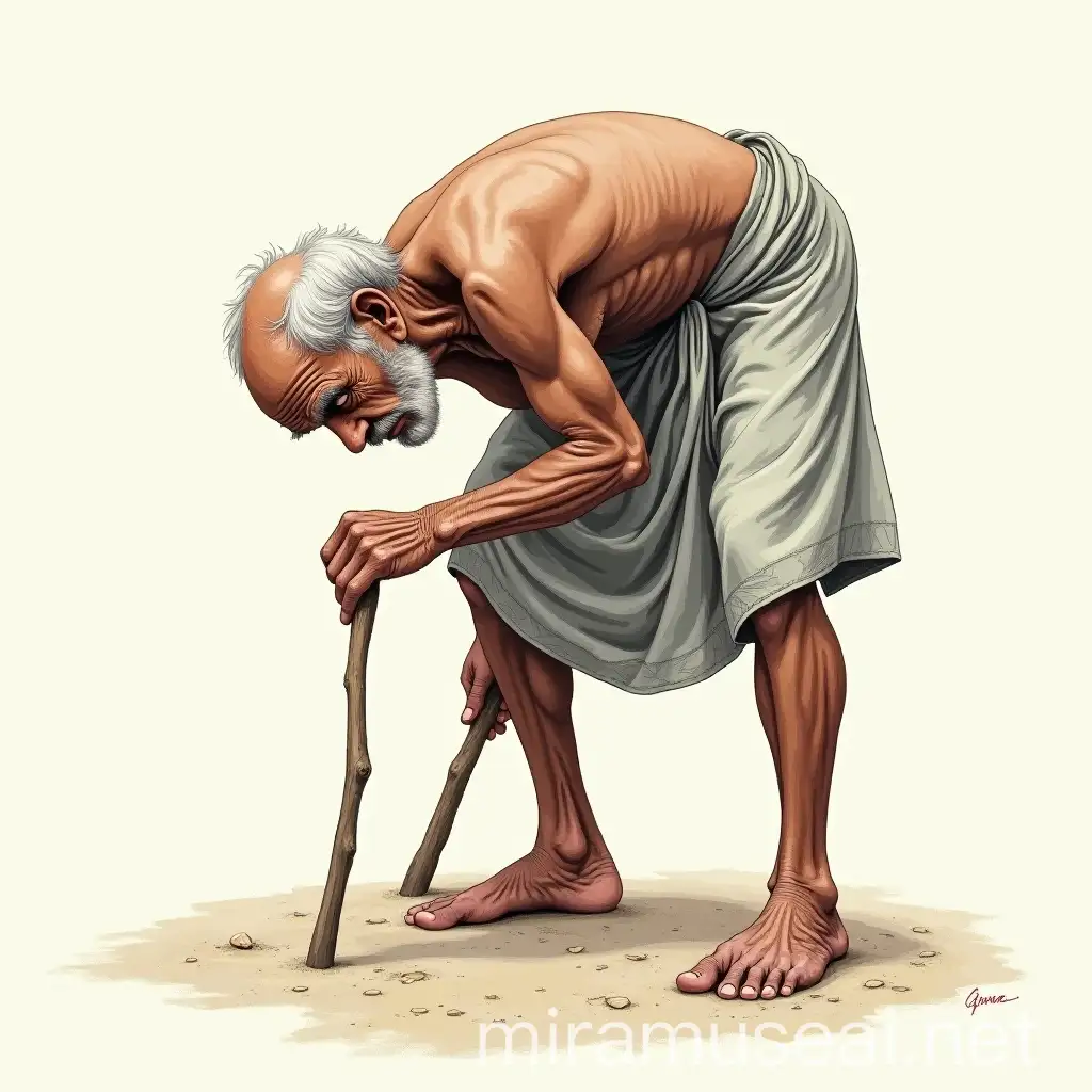 Portrait of Elderly Indian Man Walking with Cane