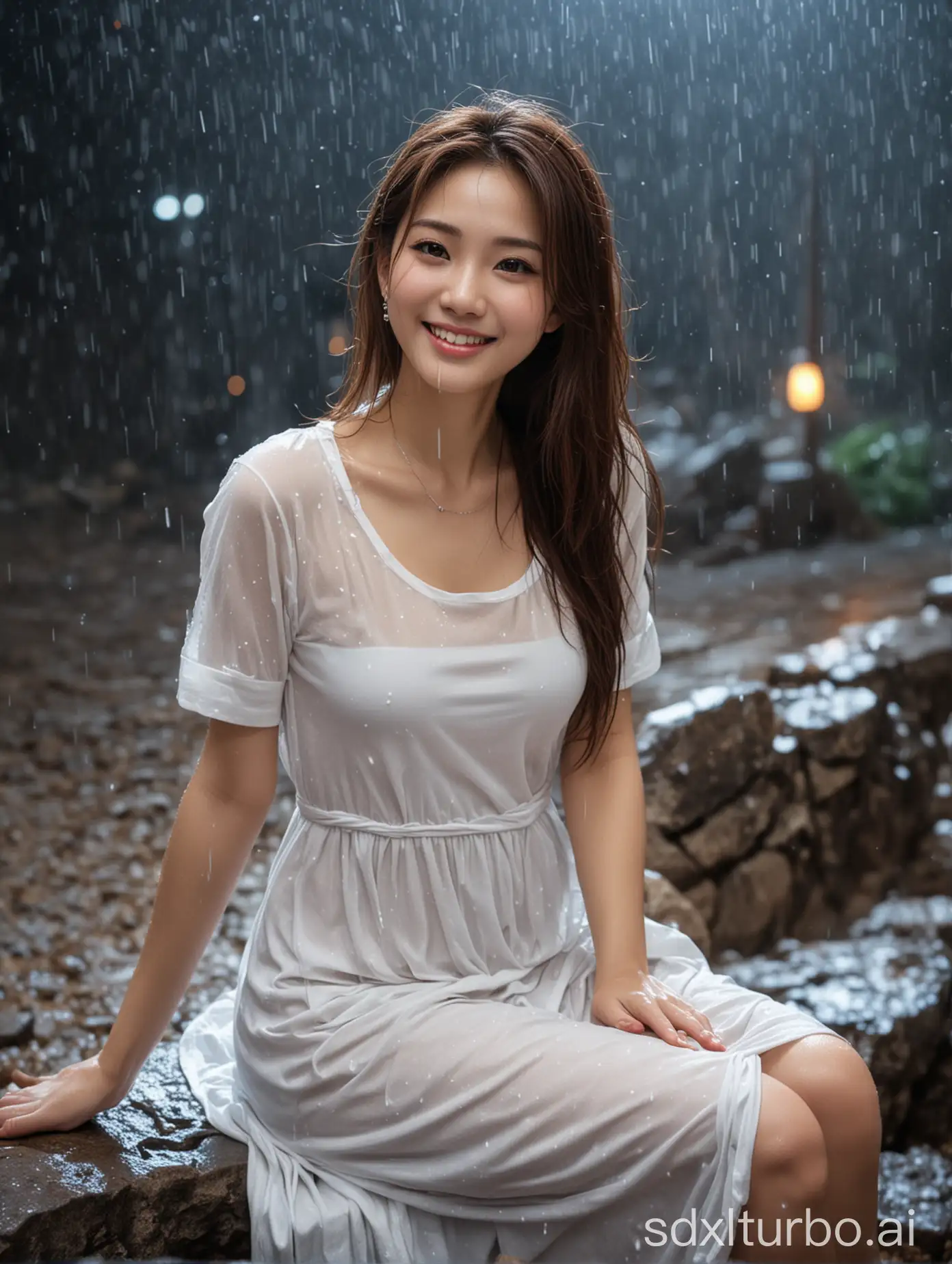 Chinese-Woman-in-Wet-Clothes-Sitting-on-Stone-During-Rainy-Winter-Night