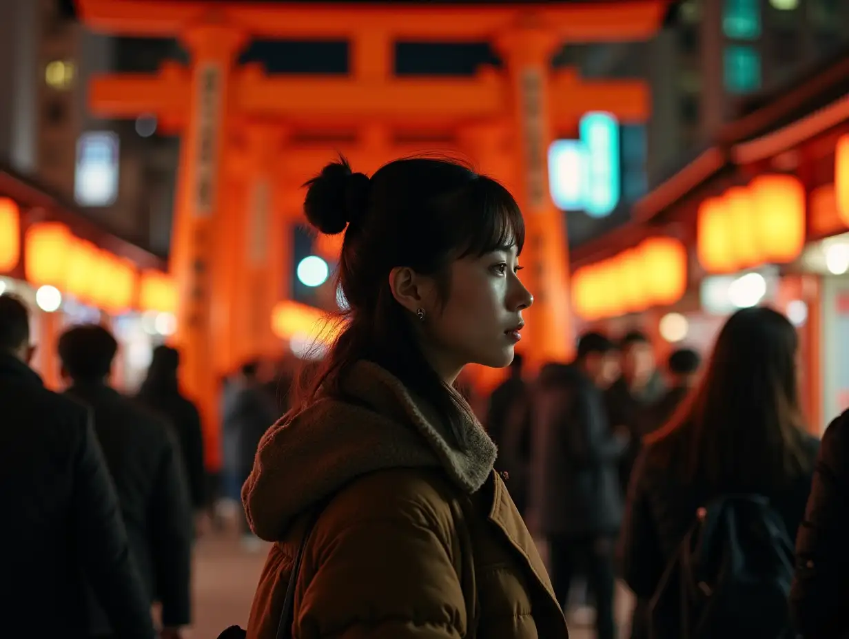 Young-Woman-in-Trendy-Winter-Fashion-at-Kyoto-Shrine-at-Night