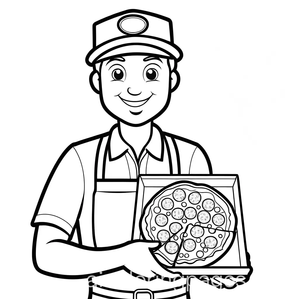 pizza man holding a pizza box which has a pepperoni pizza inside. The pepperoni must be blank so that we can colour it in , Coloring Page, black and white, line art, white background, Simplicity, Ample White Space. The background of the coloring page is plain white to make it easy for young children to color within the lines. The outlines of all the subjects are easy to distinguish, making it simple for kids to color without too much difficulty