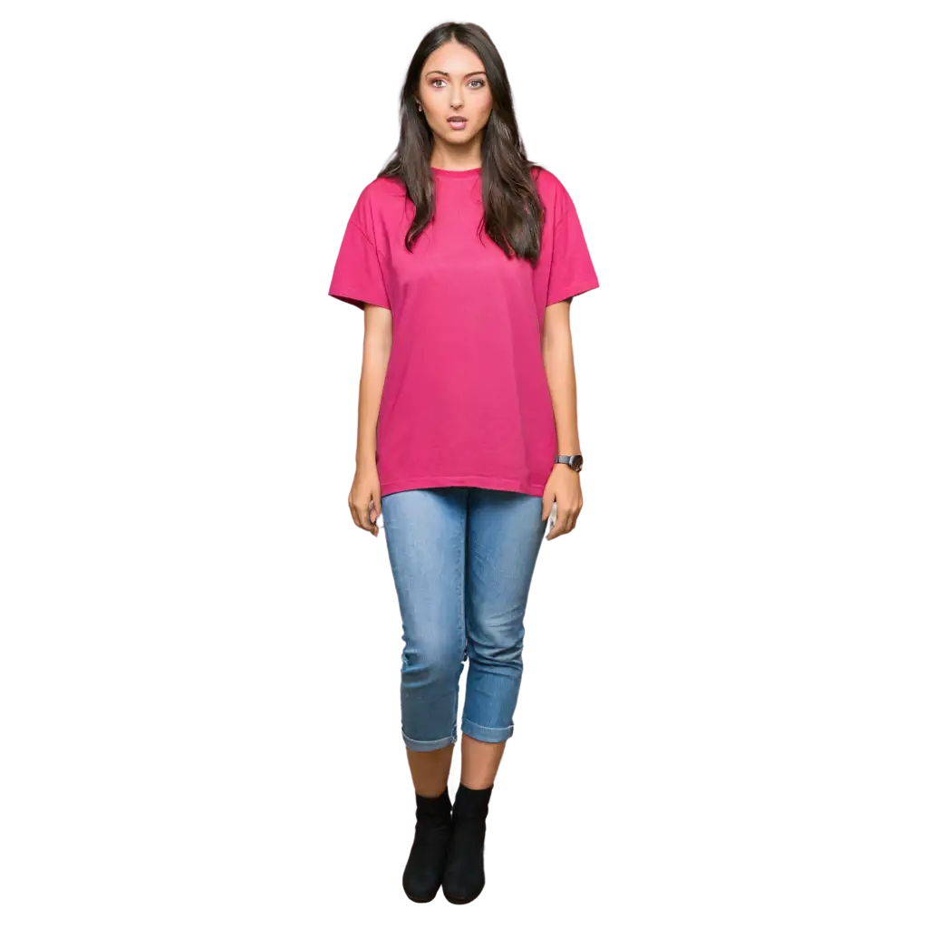 a bold girl in a dark pink oversized t-shirt full length