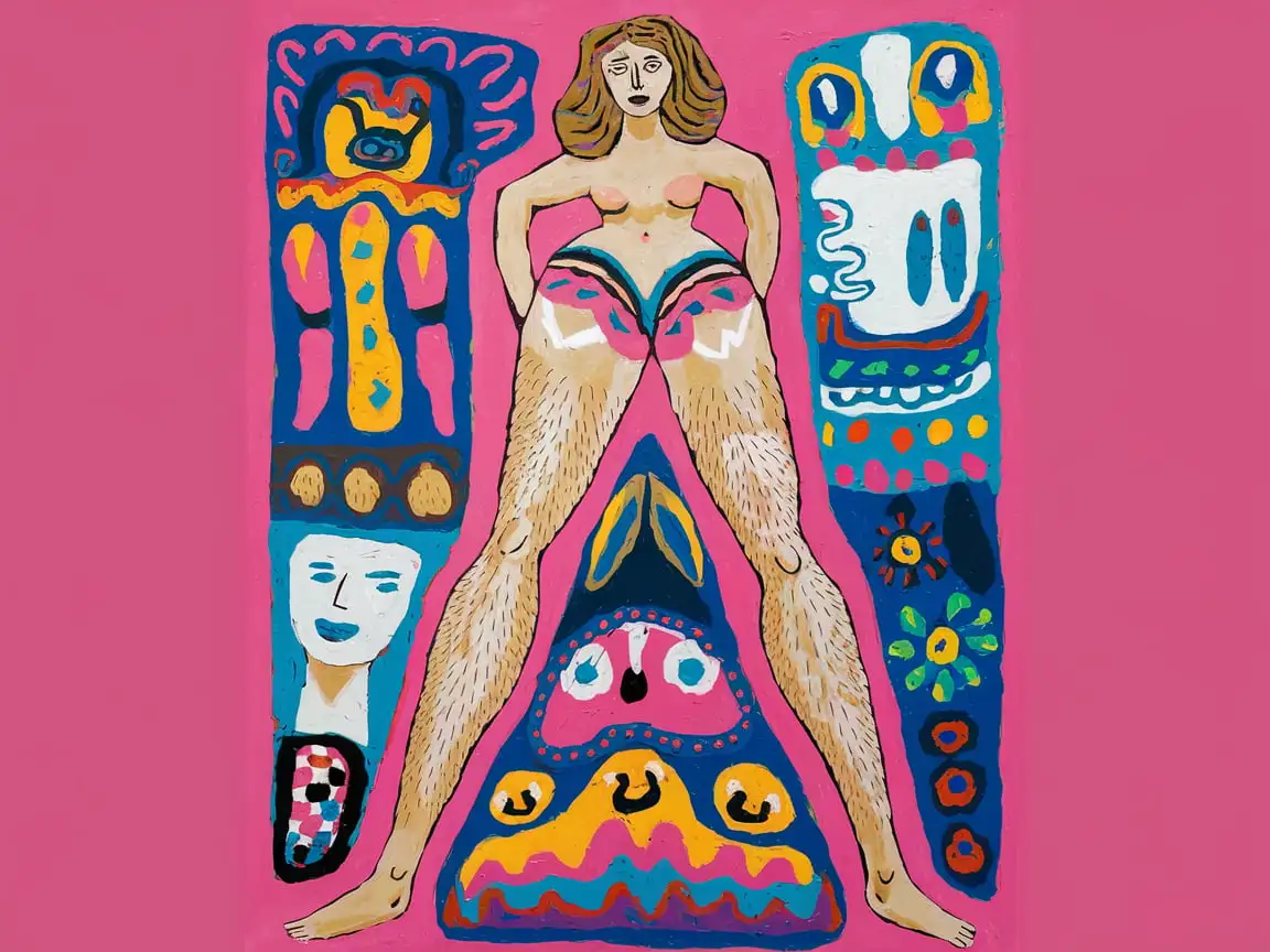 Abstract-Feminist-Artwork-Featuring-Woman-with-Hairy-Legs-Inspired-by-Mondrian-and-Kusama