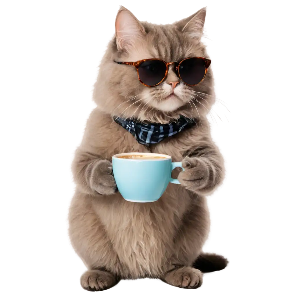 Cat wearing sunglasses and drinks coffee