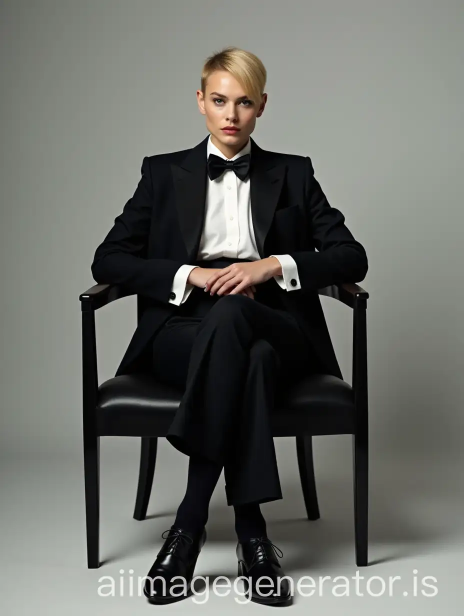 Blonde-French-Movie-Actress-in-Tuxedo-and-Oxford-Shoes-Sitting