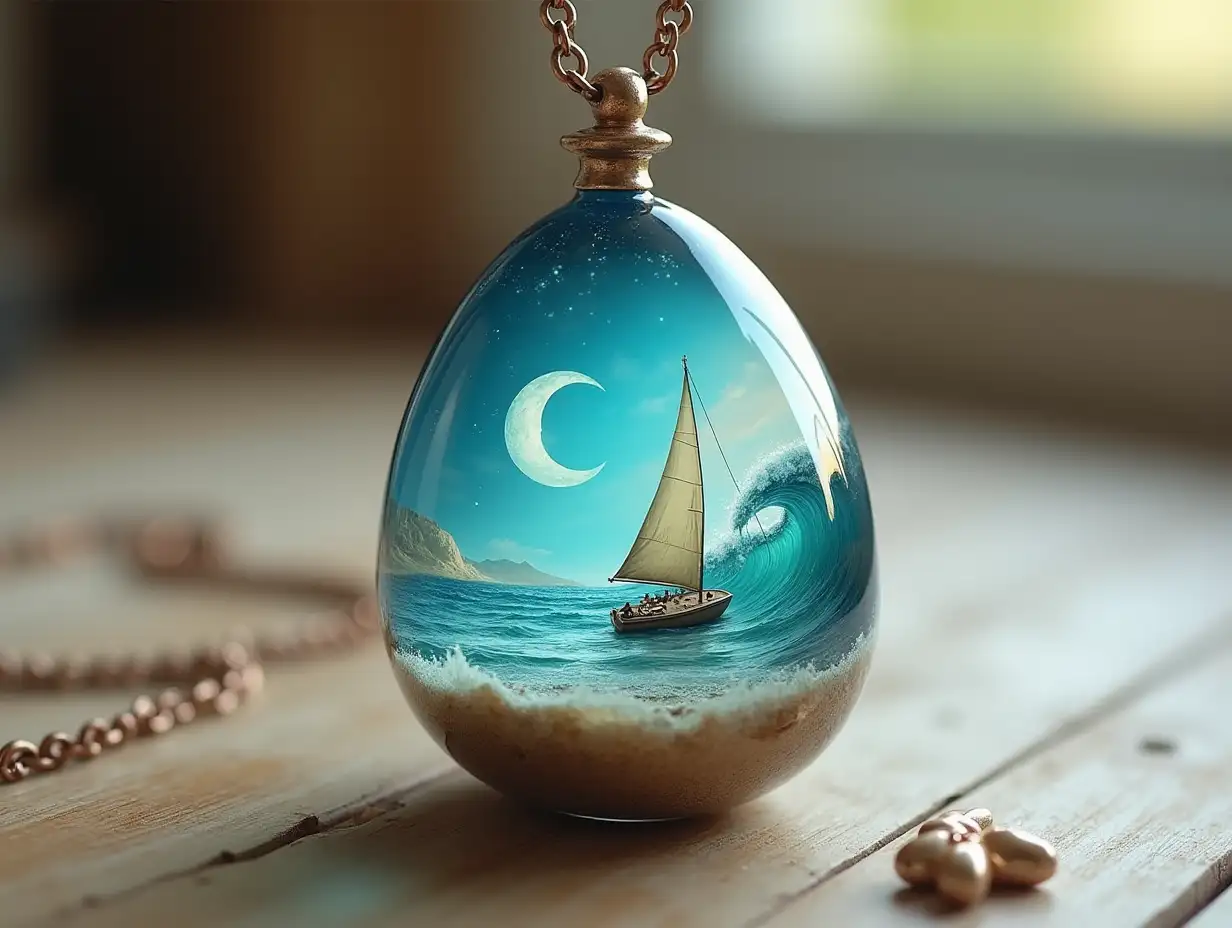 Create for me a glass egg pendant with beach with big waves and a sailboat and a moon inside