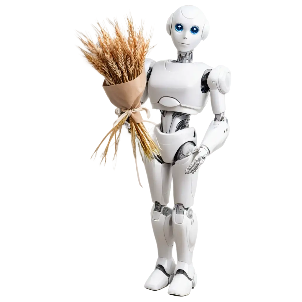 White-Anthropogenic-Robot-Holding-a-Bouquet-of-Wheat-PNG-Image