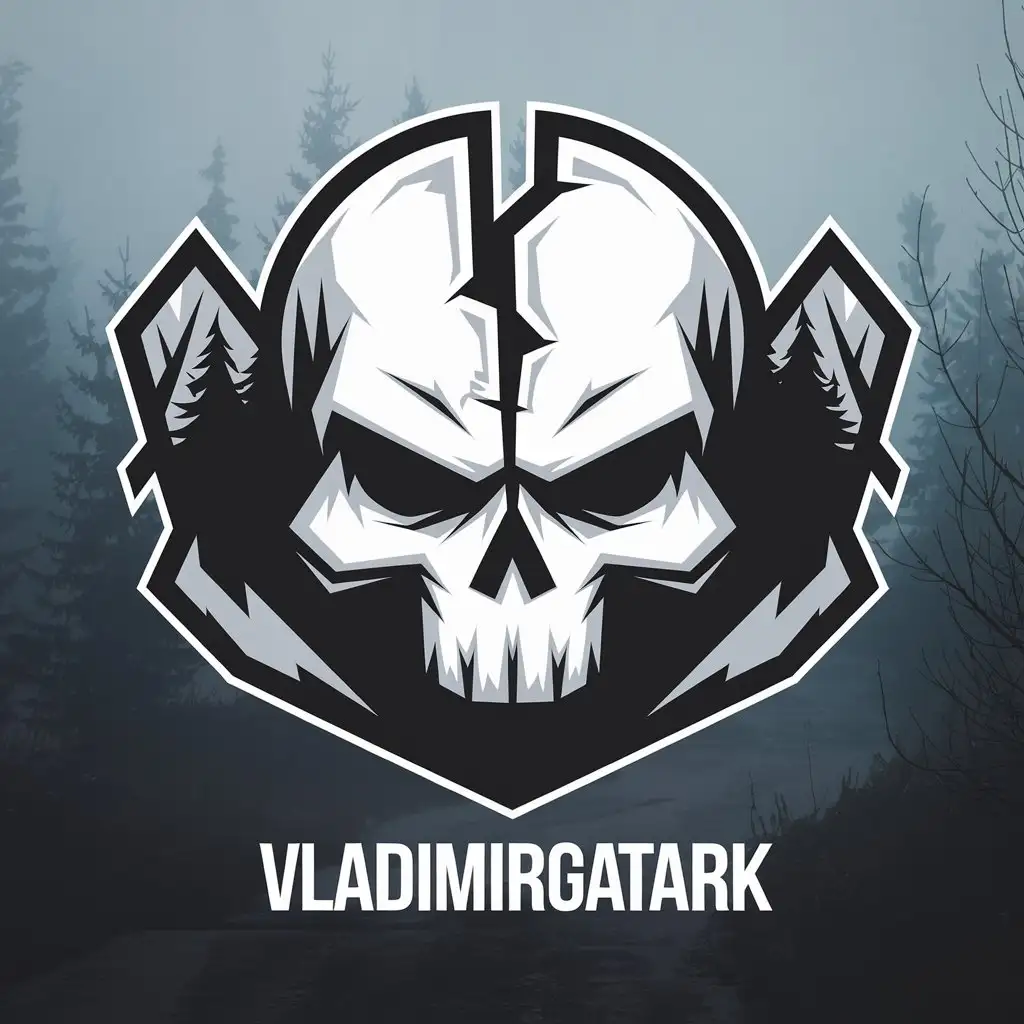 LOGO Design for VLADIMIRGATARK Scary Split Skull in Foggy Forest with Clear Background