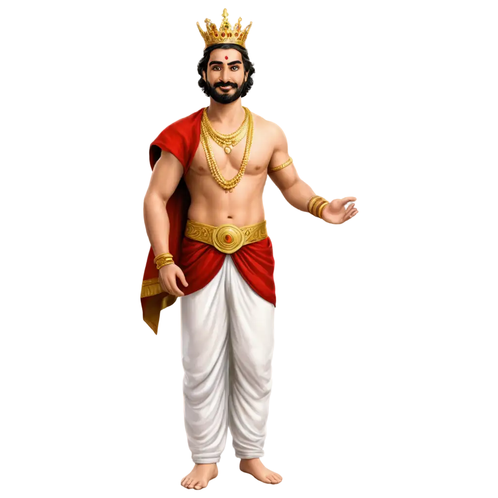 Create a 3D illustration of Maveli (Mahabali), the legendary king associated with the Onam festival in Kerala. Depict him as a majestic, benevolent figure with a golden crown, large mustache, and traditional Kerala attire, including a white dhoti with a gold border and a red silk shawl draped over his shoulder. His posture should be proud and regal, holding a macbook(apple) ensure that five fingers