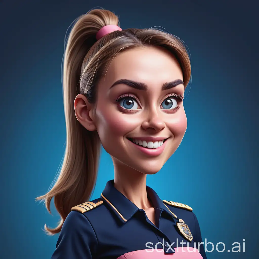 Realistic-Cartoon-Style-Woman-with-Ponytail-in-Blue-Uniform-on-Colorful-Pink-Gradient-Background