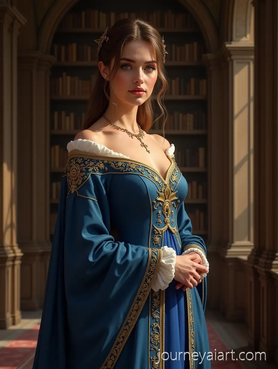 Regal-and-Elegant-Woman-MagistrateRegal-woman-in-library-in-a-Sunlit-Medieval-Library