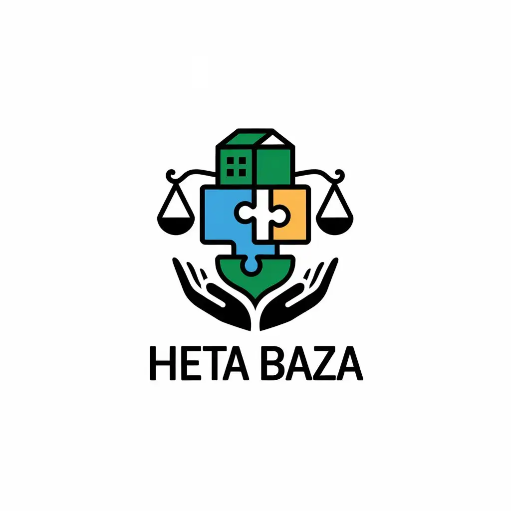 LOGO Design for HETA BAZA Puzzle House Scales of Justice Hands Moderate Style with Clear Background