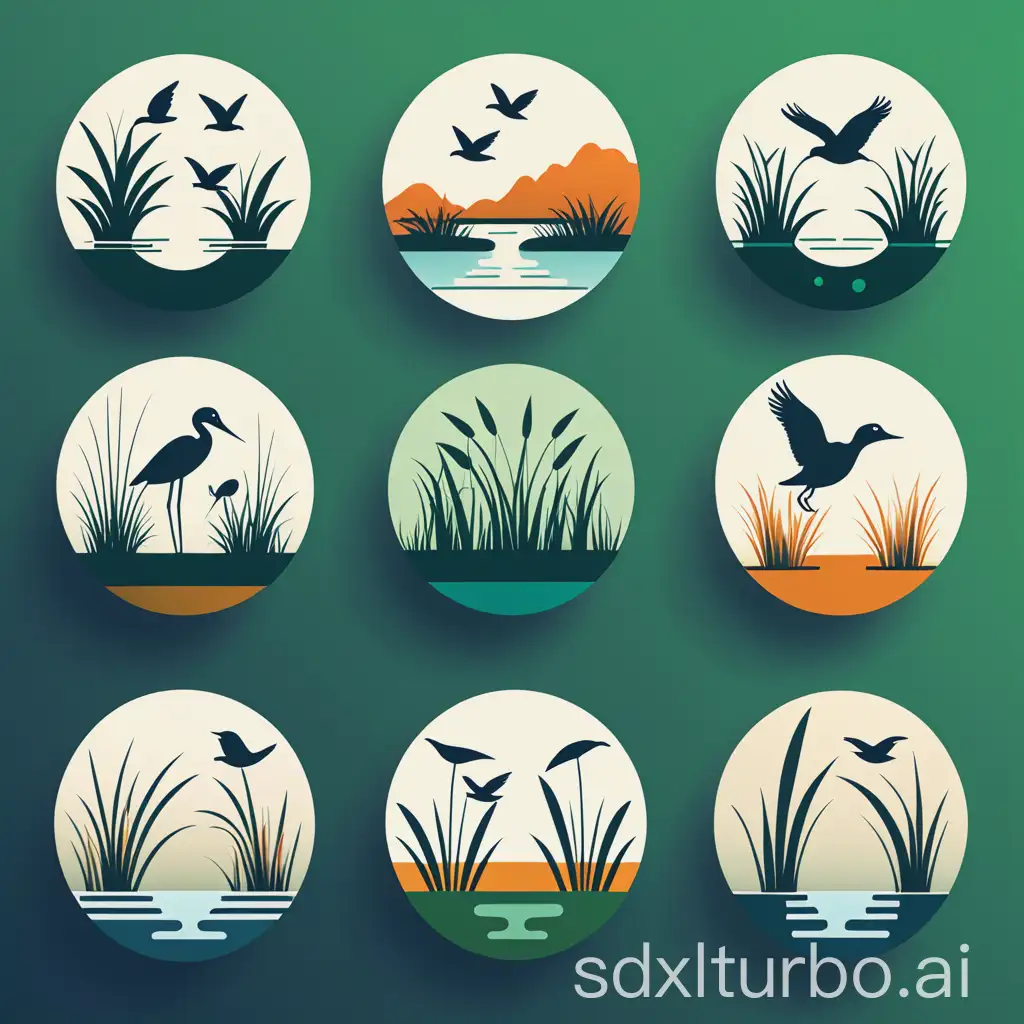 Create a series of icons for a wetland cultural and creative project, emphasizing the unique characteristics and features of the project. The icons should be minimalistic, with a modern and clean aesthetic, suitable for UI design. They should incorporate elements that represent the wetland ecosystem, such as water, reeds, birds, and other wildlife, while also reflecting the project's commitment to environmental conservation and sustainability. Use a harmonious color palette that complements the natural theme, and ensure the icons are scalable and versatile for different applications, from web to print media