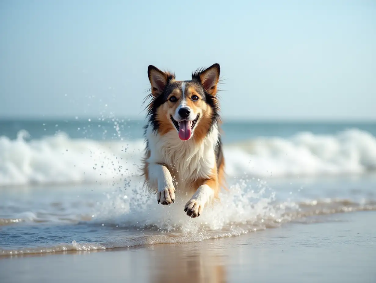 Dog running in the sea and enjoying with sea level rise.