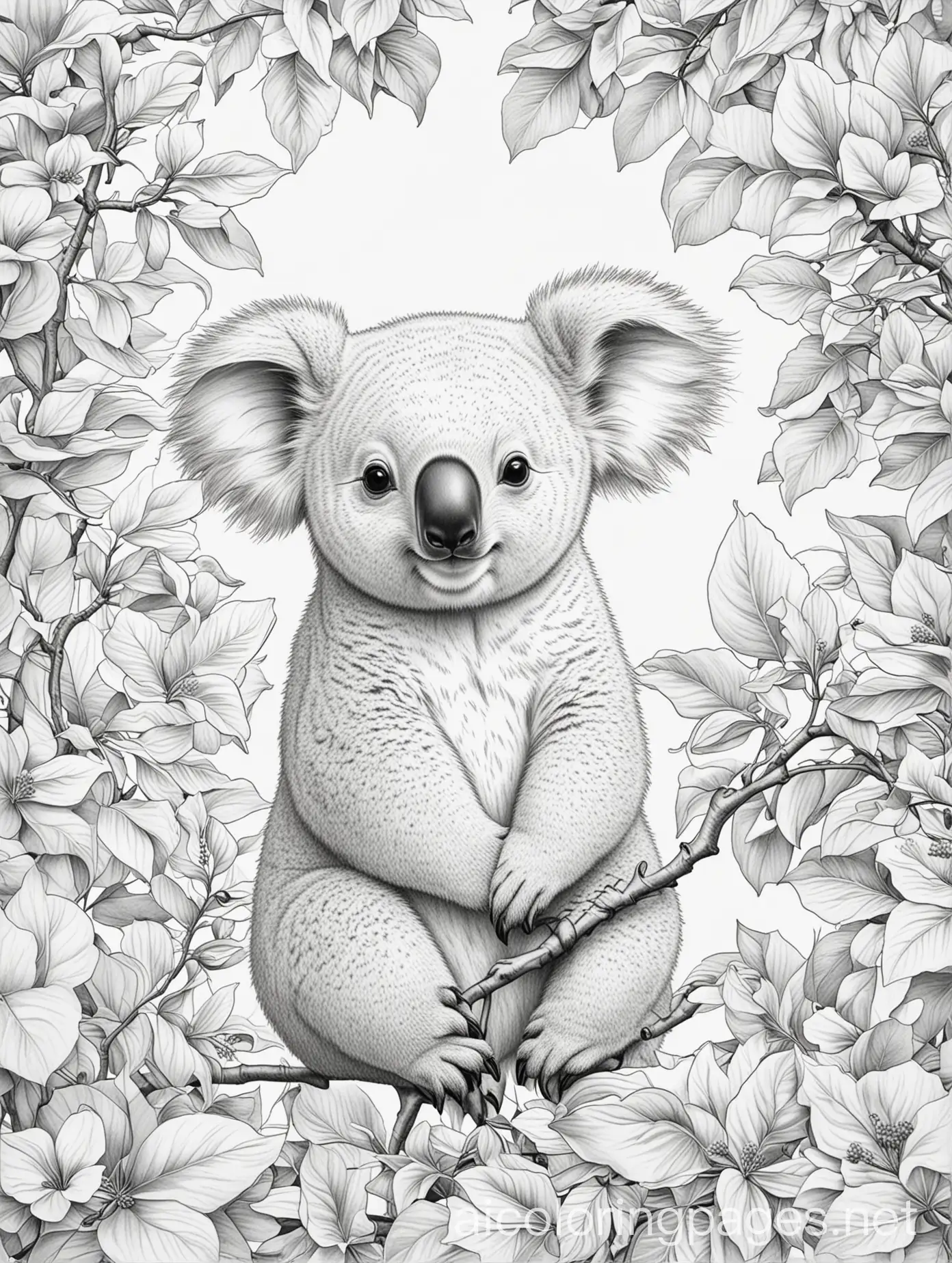 Koala-Coloring-Page-Surrounded-by-Dogwood-Leaves