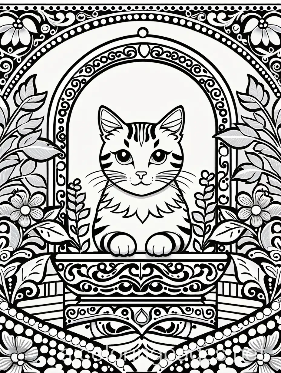 Black and white, coloring book style, 1 cat in Painting in Mexican style Charming Mexican casita interior, kitchen walls, cabinets, art on wall, talavera, dishes, windows, lace curtains, flowers, white, round table with floral pattern painting. Simple coloring book designed for 3-6 year olds, Coloring Page, black and white, line art, white background, Simplicity, Ample White Space. The background of the coloring page is plain white to make it easy for young children to color within the lines. The outlines of all the subjects are easy to distinguish, making it simple for kids to color without too much difficulty