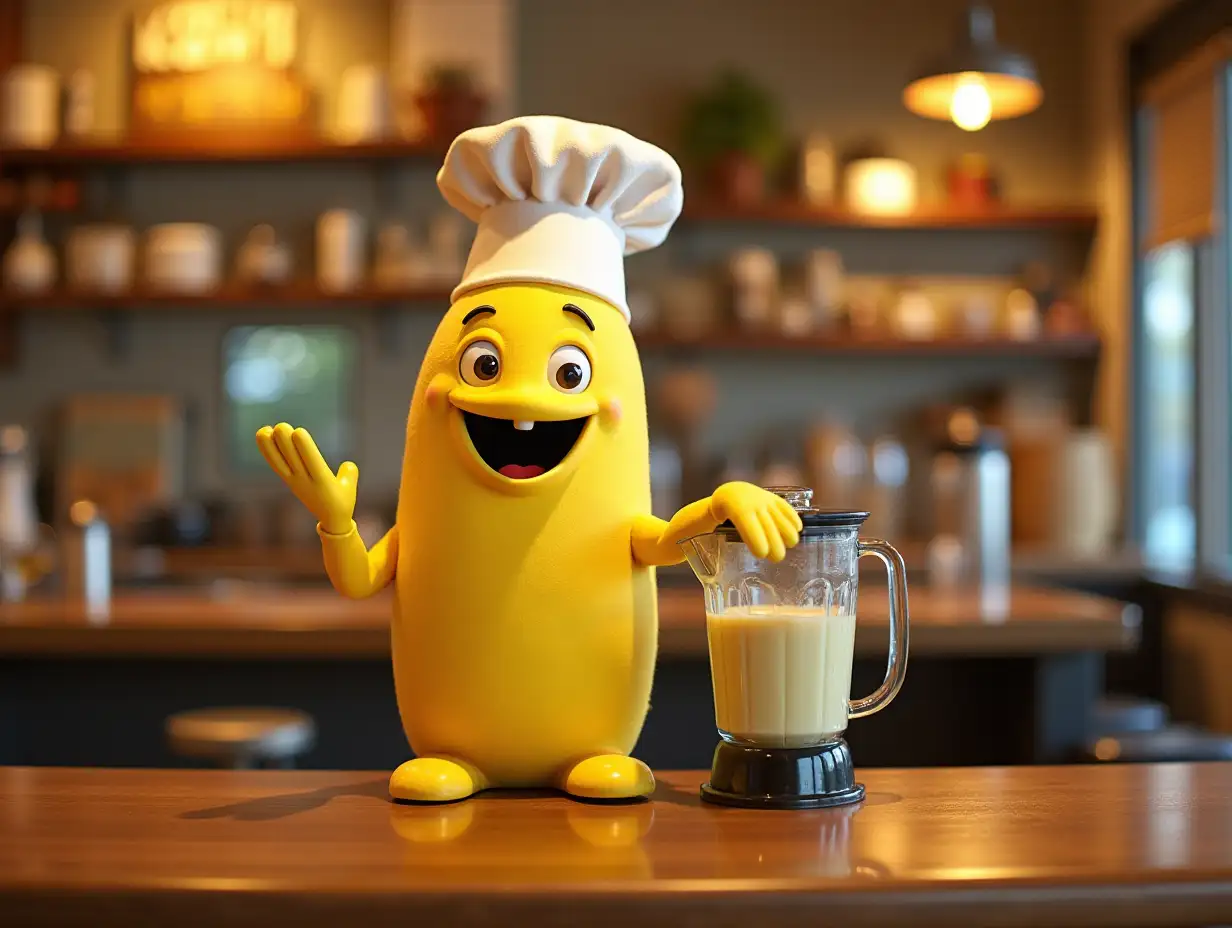 Inside “Banana Café,” Benny the Banana (wearing a little chef’s hat) makes smoothies, dancing with a blender.
