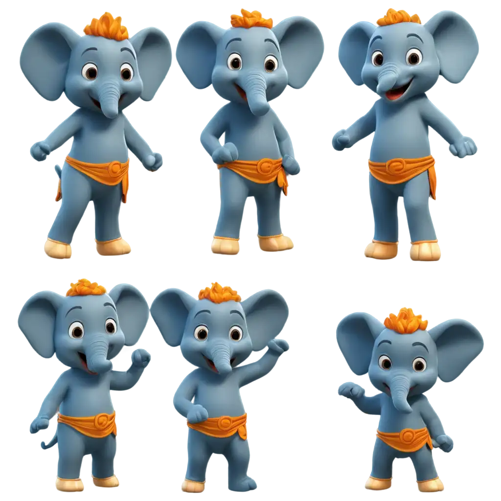 Brave-Elephant-Mascot-PNG-Image-4-Poses-with-Happy-Expressions-in-Chibi-Style