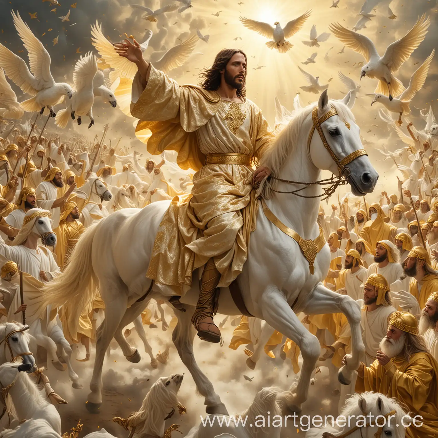 Golden-Garments-Jesus-Leading-Angels-on-White-Horse-in-Battle-with-Floating-Birds