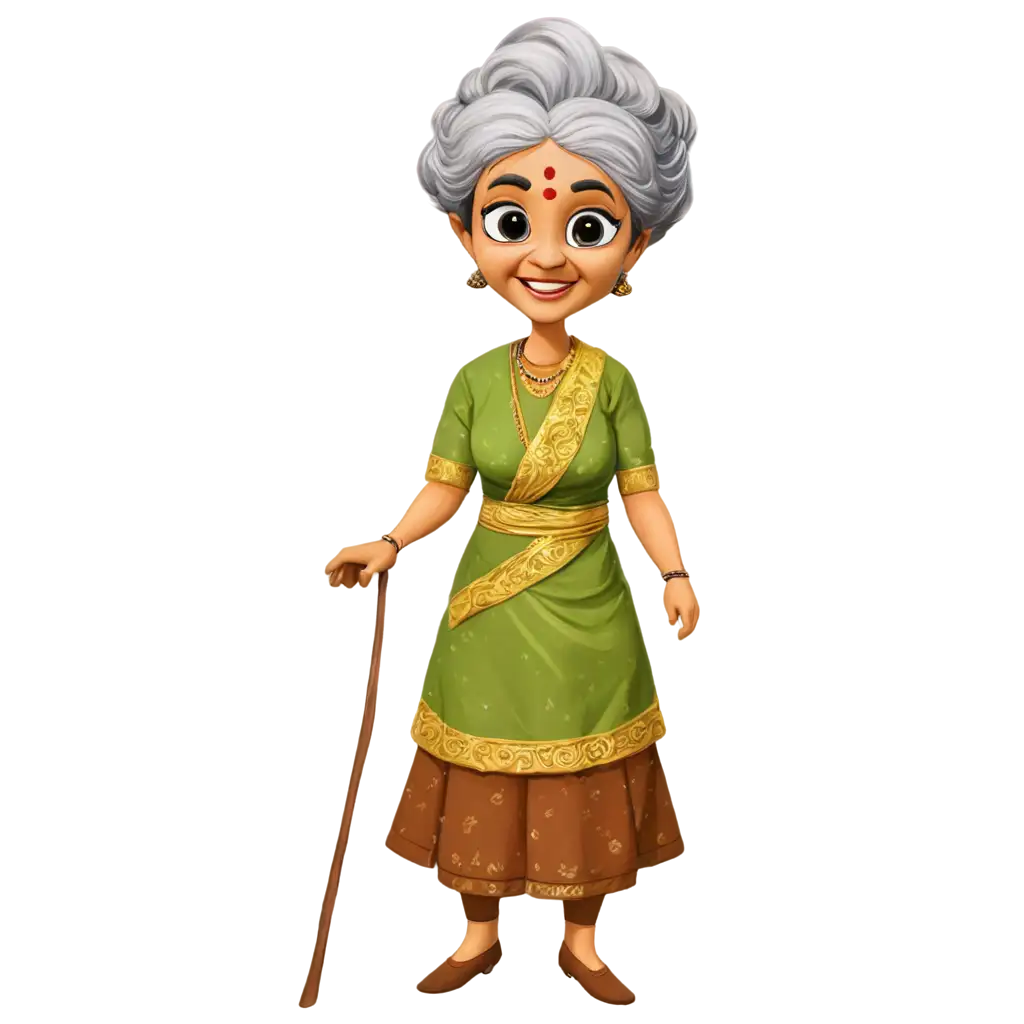 Old-Cute-Animated-Cartoon-Grandmother-in-Indian-Dress-PNG-Image-for-Digital-Art-and-Design