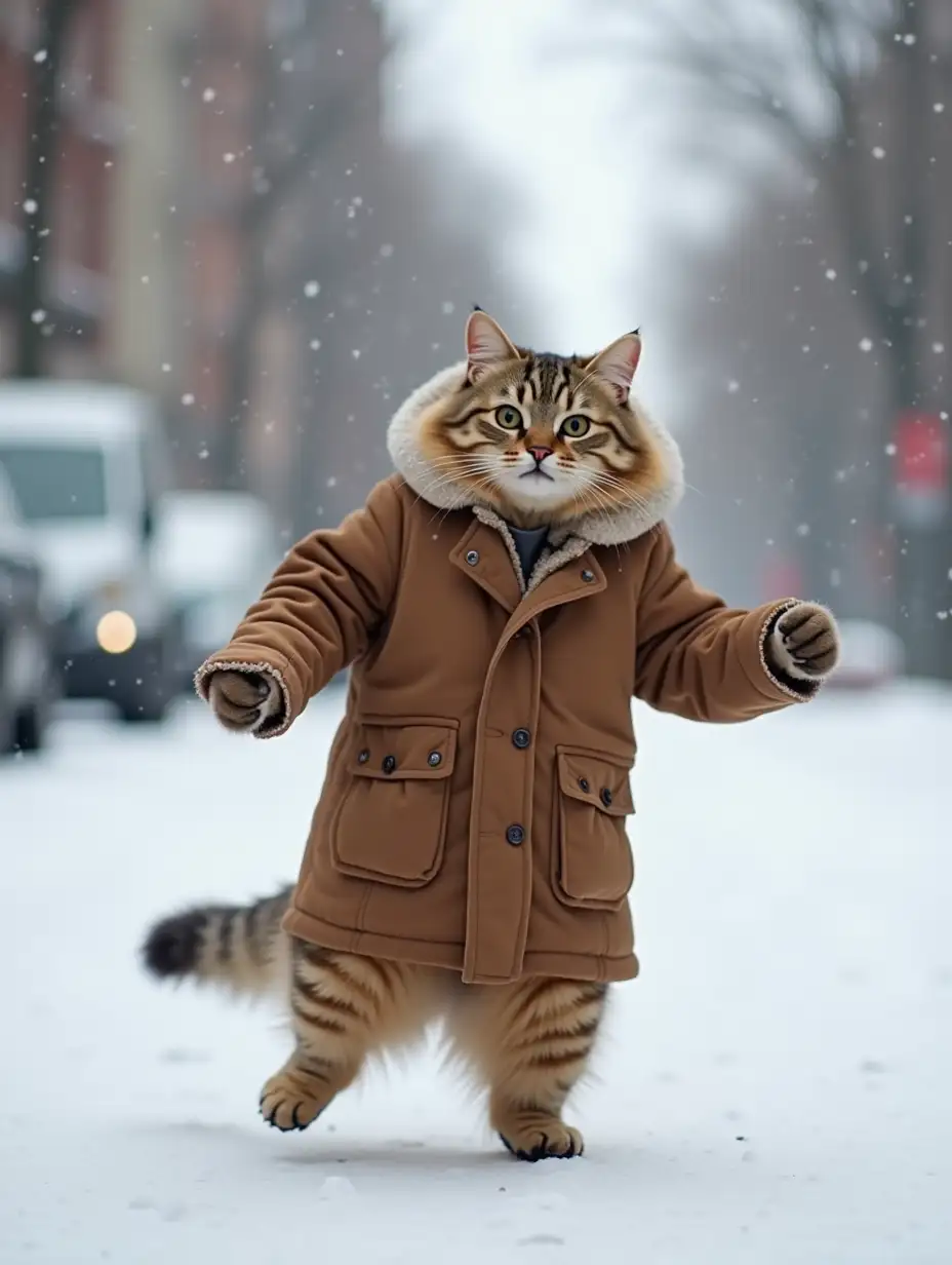 Create a funny GIF image of a funny dancing cat in a thick coat, in a winter snowy street scenario