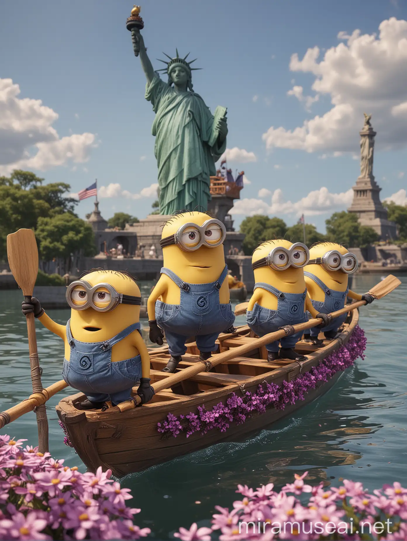 Cute Yellow Minions Rowing in Boat with Statue of Liberty