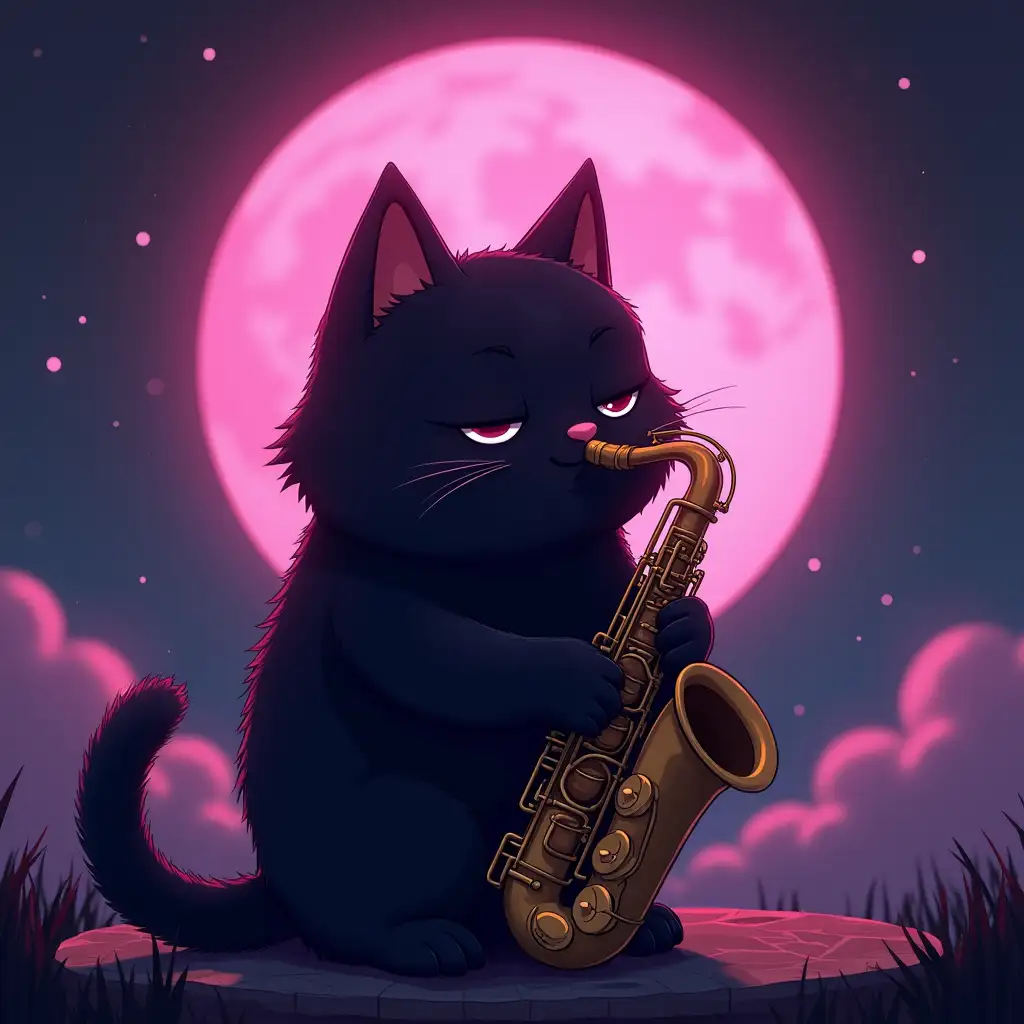 A cute black cat, chubby and cuddly in an ancient anime style, playing synthwave music on a saxophone on a large pink full moon background in a mysterious night scene