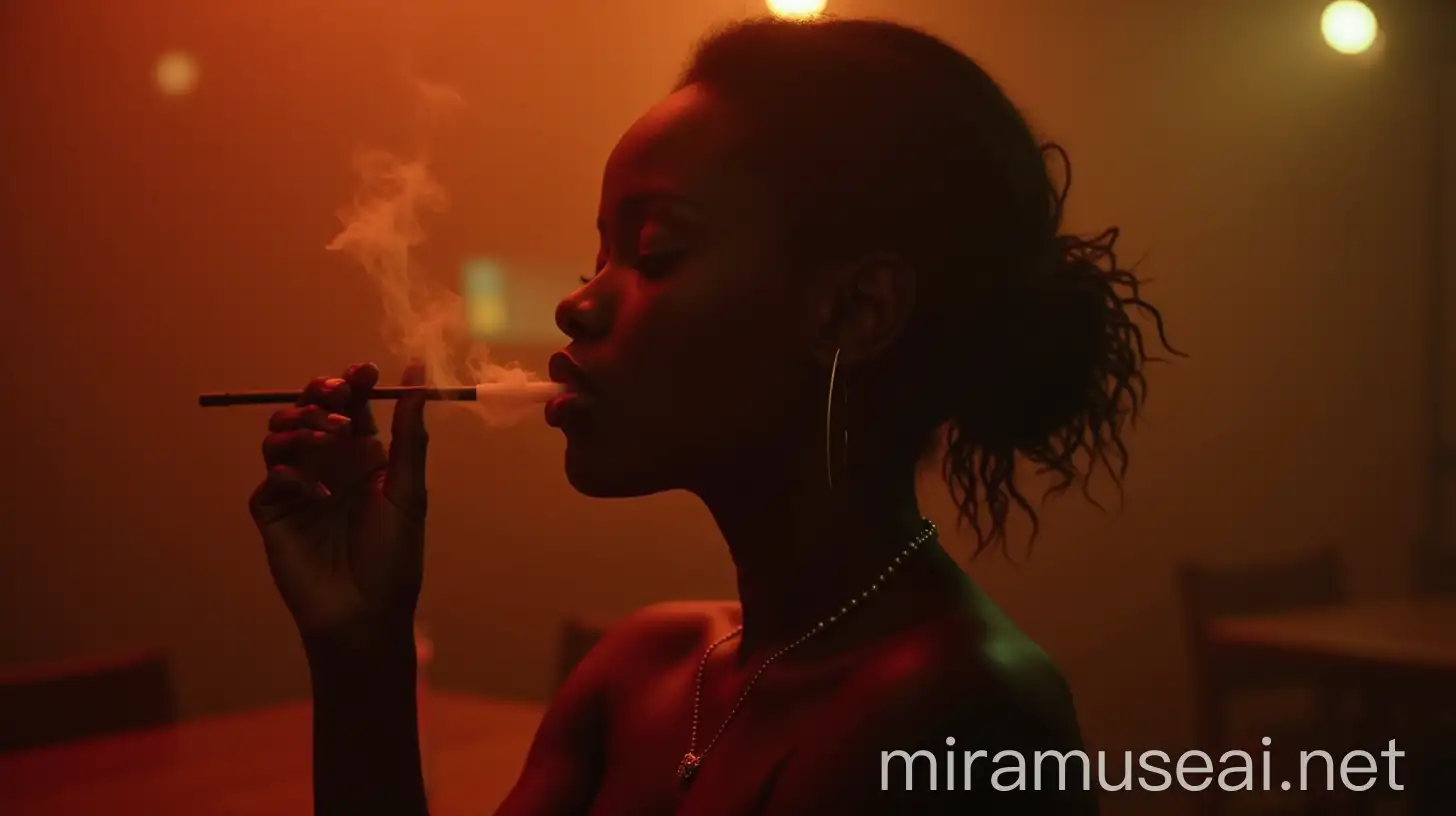 Cinematic Scene of a Black African Woman Smoking in a Bar