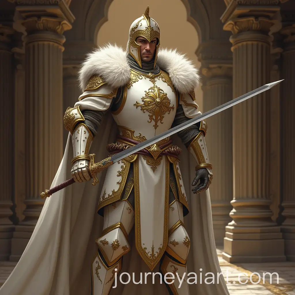Majestic-Warrior-in-White-and-Gold-Armor-Holding-Sword-in-Royal-Palace