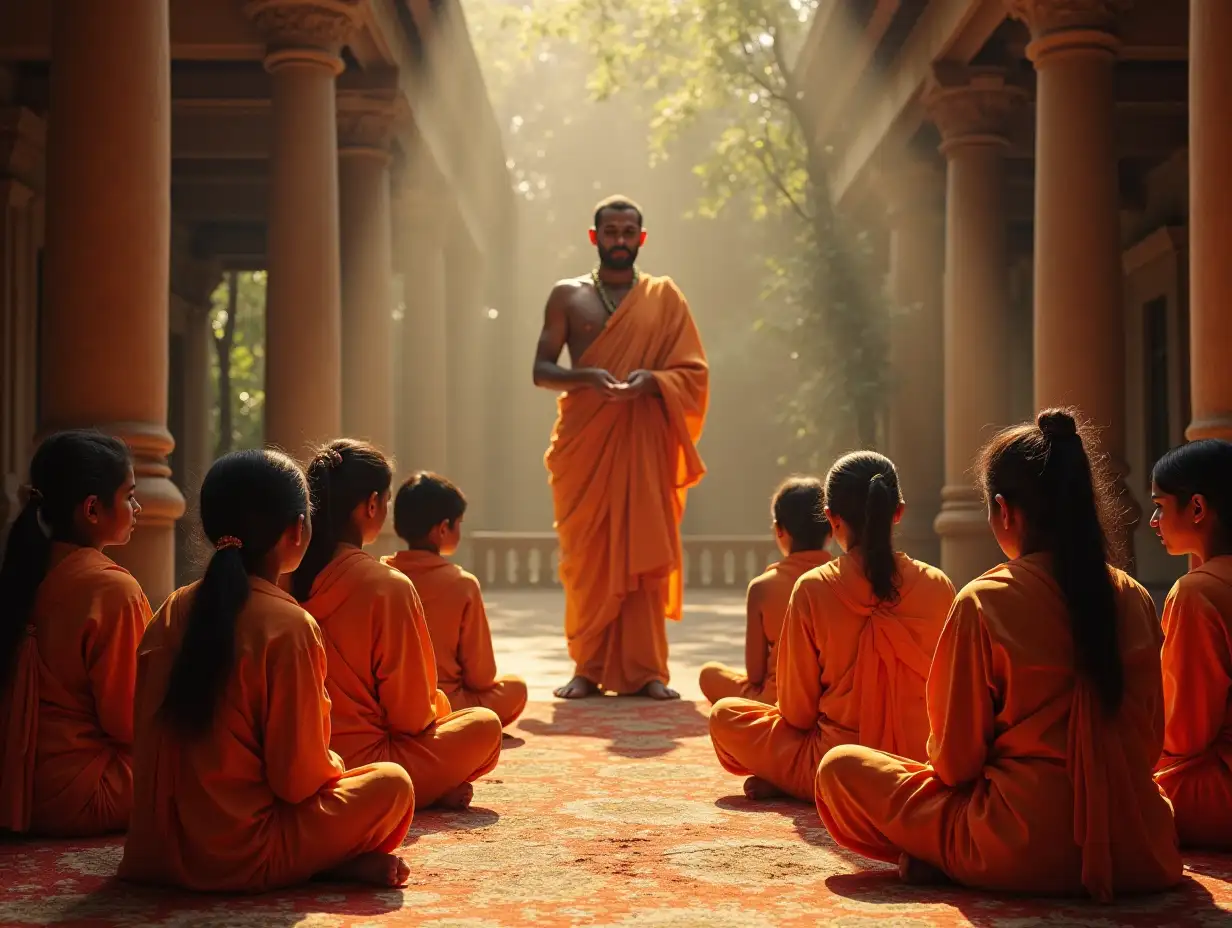 Lord-Dhanwantri-in-Traditional-Gurukulam-Listening-to-Students-Practicing-Veda-Parayanam