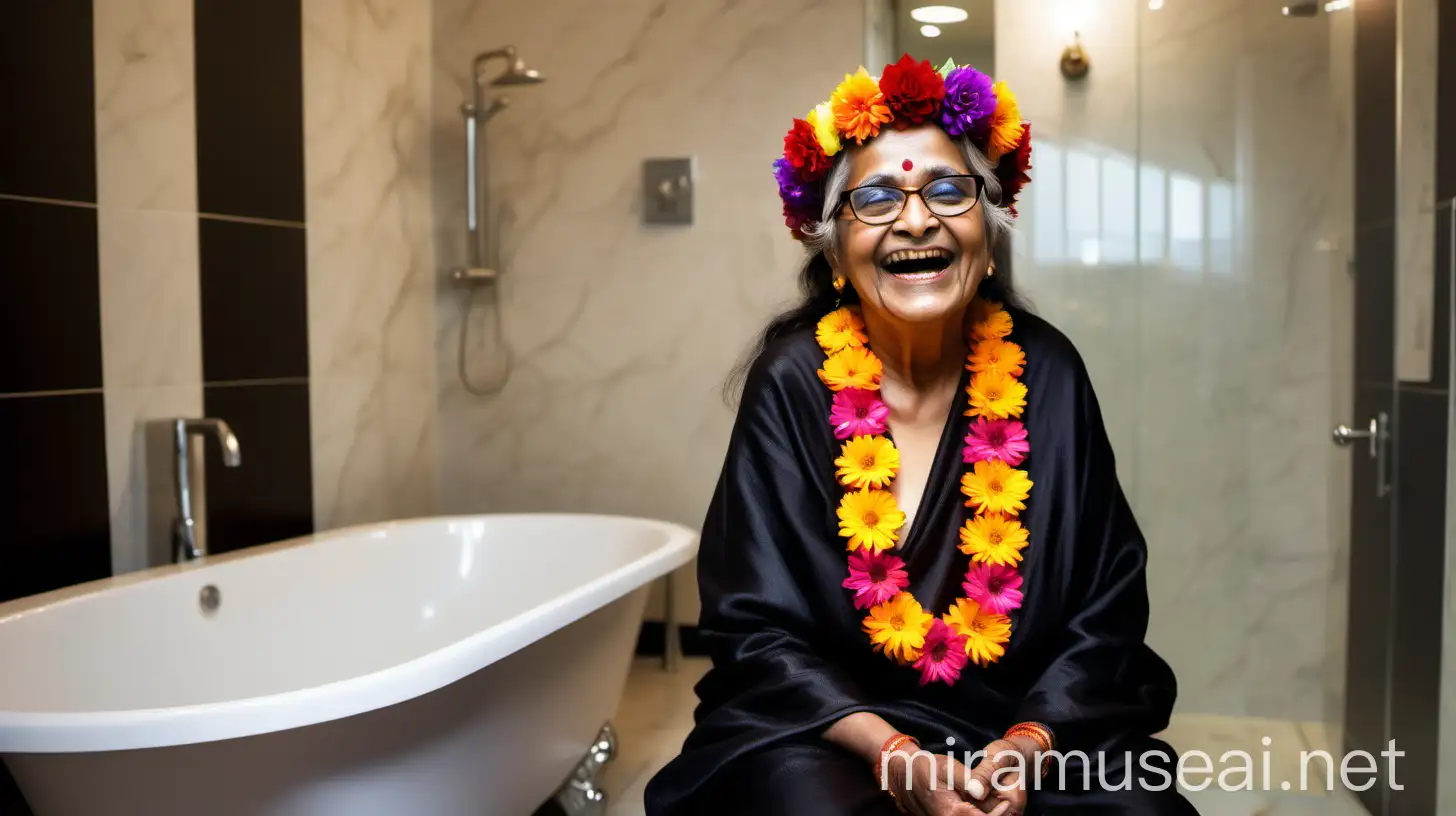 Joyful Hindu Woman Monk in Luxurious Bathroom with Gifts and Flower Garland