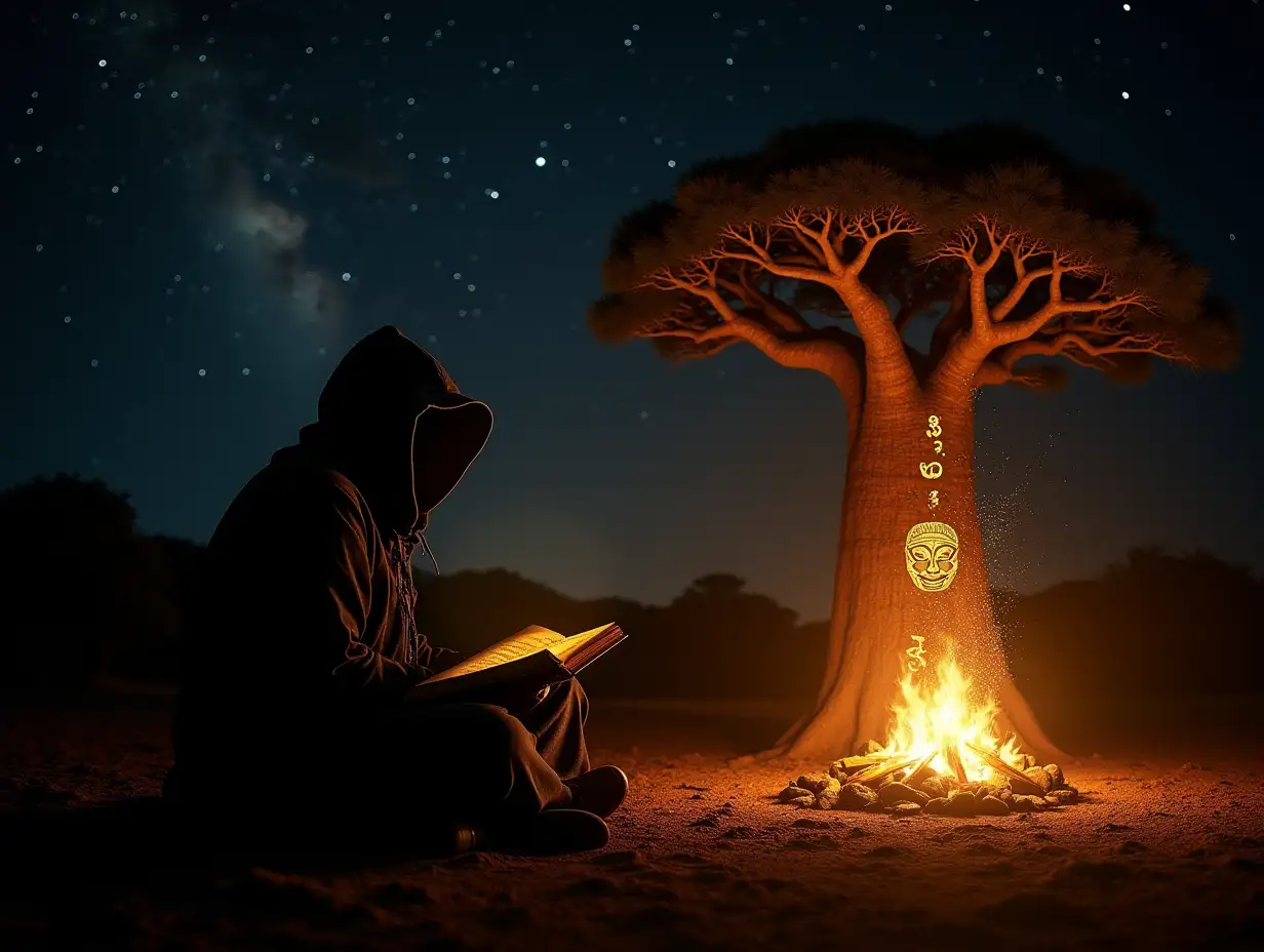 A dark African night sky filled with twinkling stars. The camera slowly moves down to reveal a grand baobab tree standing tall in the middle of a mystical village. A hooded storyteller sits by a glowing fire, his face hidden in shadows. He opens an ancient, dusty book, and as he does, golden glowing symbols rise into the air, forming mysterious African tribal patterns. The camera zooms into the book, revealing shadowy silhouettes of dancing warriors, cunning animals, and wise elders, all telling stories in an ethereal glow. Suddenly, a golden tribal mask emerges from the flames, and as it fades, the words “Mr. Anonymous Stories” appear, shimmering with a soft, magical glow. The scene ends with the whisper of a deep voice: “Every tale has a lesson… Are you ready?”