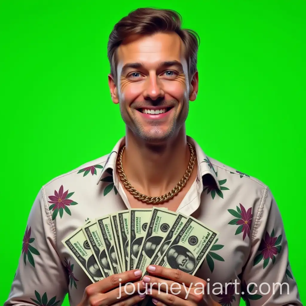 Portrait-of-Confident-Man-Holding-Cash-with-Flower-Pattern-Shirt-and-Gold-Chain