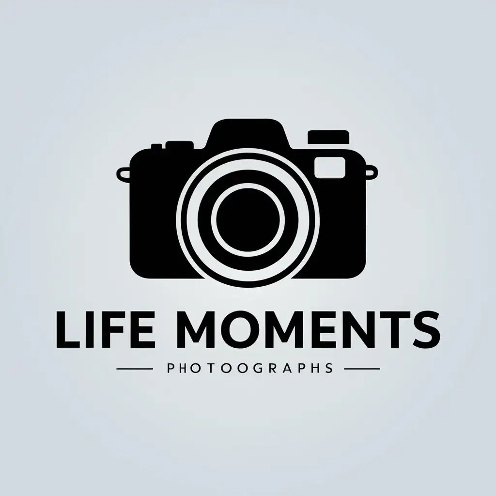 a vector logo design,with the text "LIFE MOMENTS", main symbol:Camera , lens,Minimalistic,be used in photographs industry,clear background