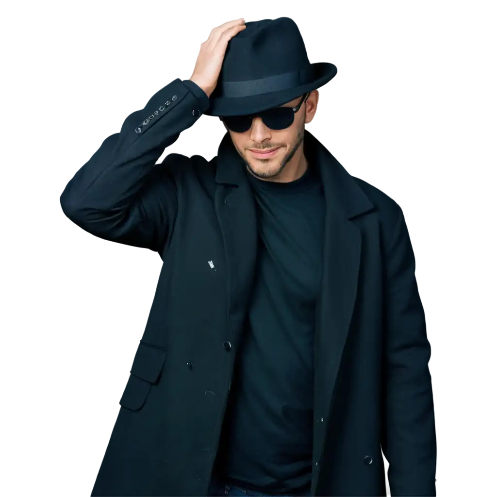 Handsome-Man-in-Black-Coat-Hiding-Face-Behind-Hat-HighQuality-PNG-Image-for-Versatile-Usage