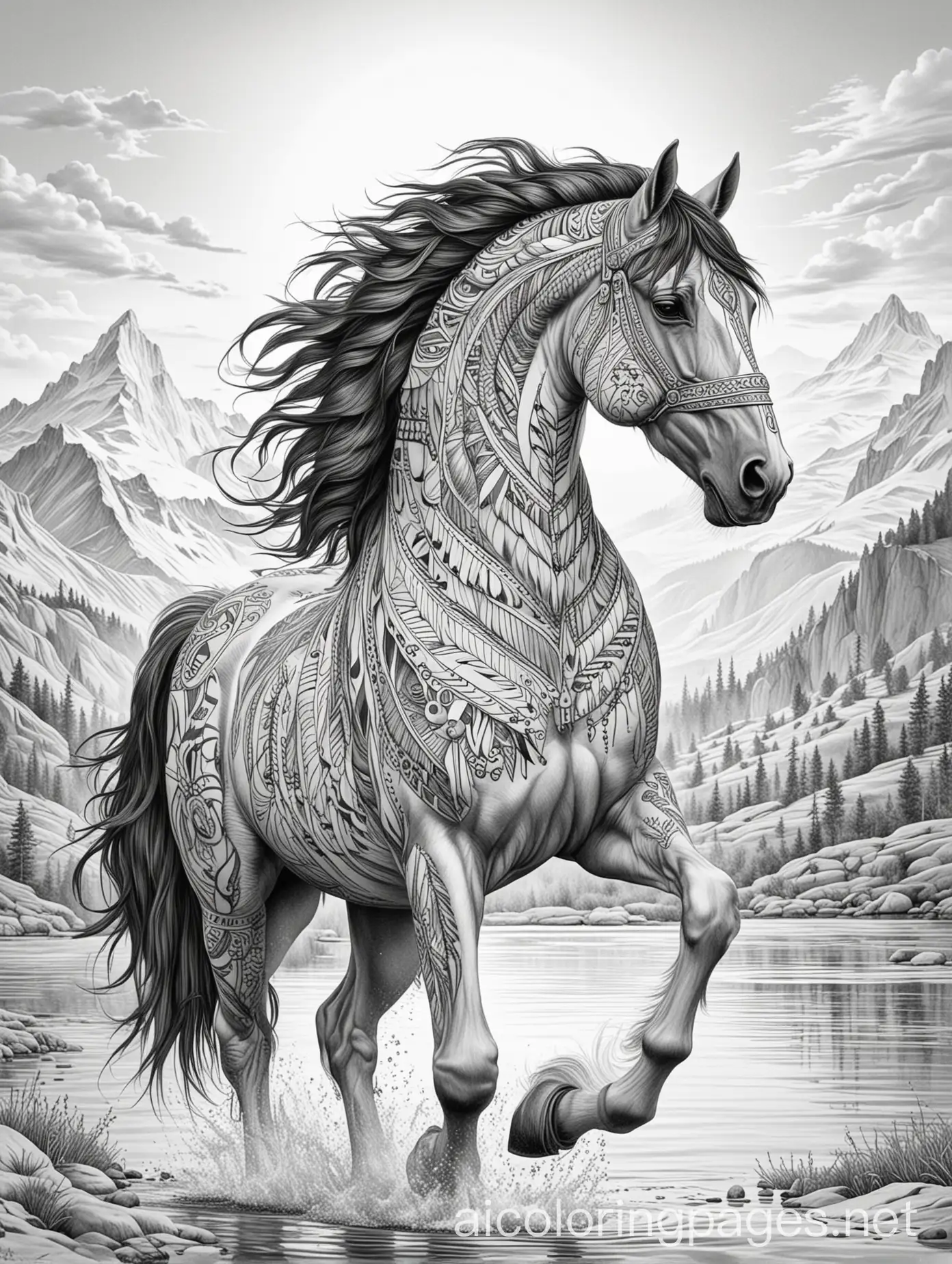 Native-American-Inspired-Horse-Coloring-Page-with-Feather-Pattern-Black-and-White-Line-Art