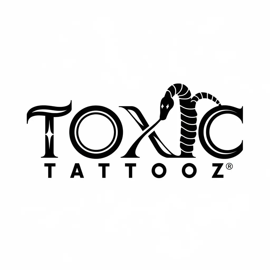 LOGO Design for Toxic Tattooz Sleek Font with Black Snake on White Background for Beauty Spa Industry