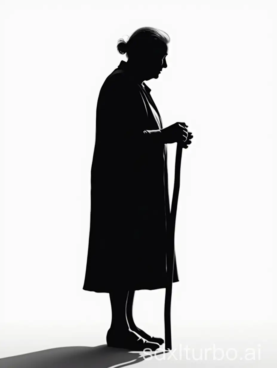 Silhouette-of-Elderly-Woman-Standing-with-Walking-Stick