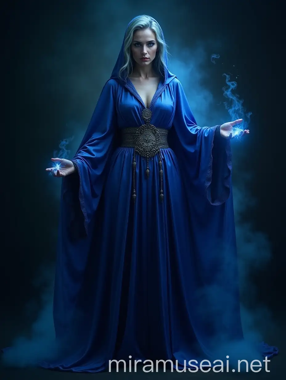 Beautiful Sorceress in Shining Blue Robe Dark and Realistic Portrait