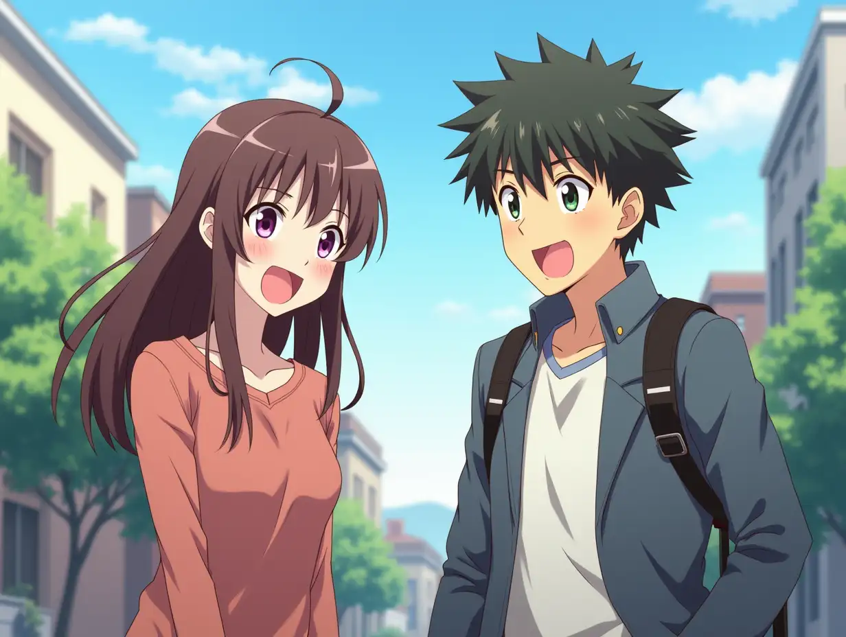 young man and woman anime coming back together from the high school excited