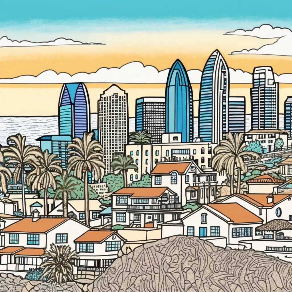 Colorful San Diego Skyline Doodle Overlooking La Jolla